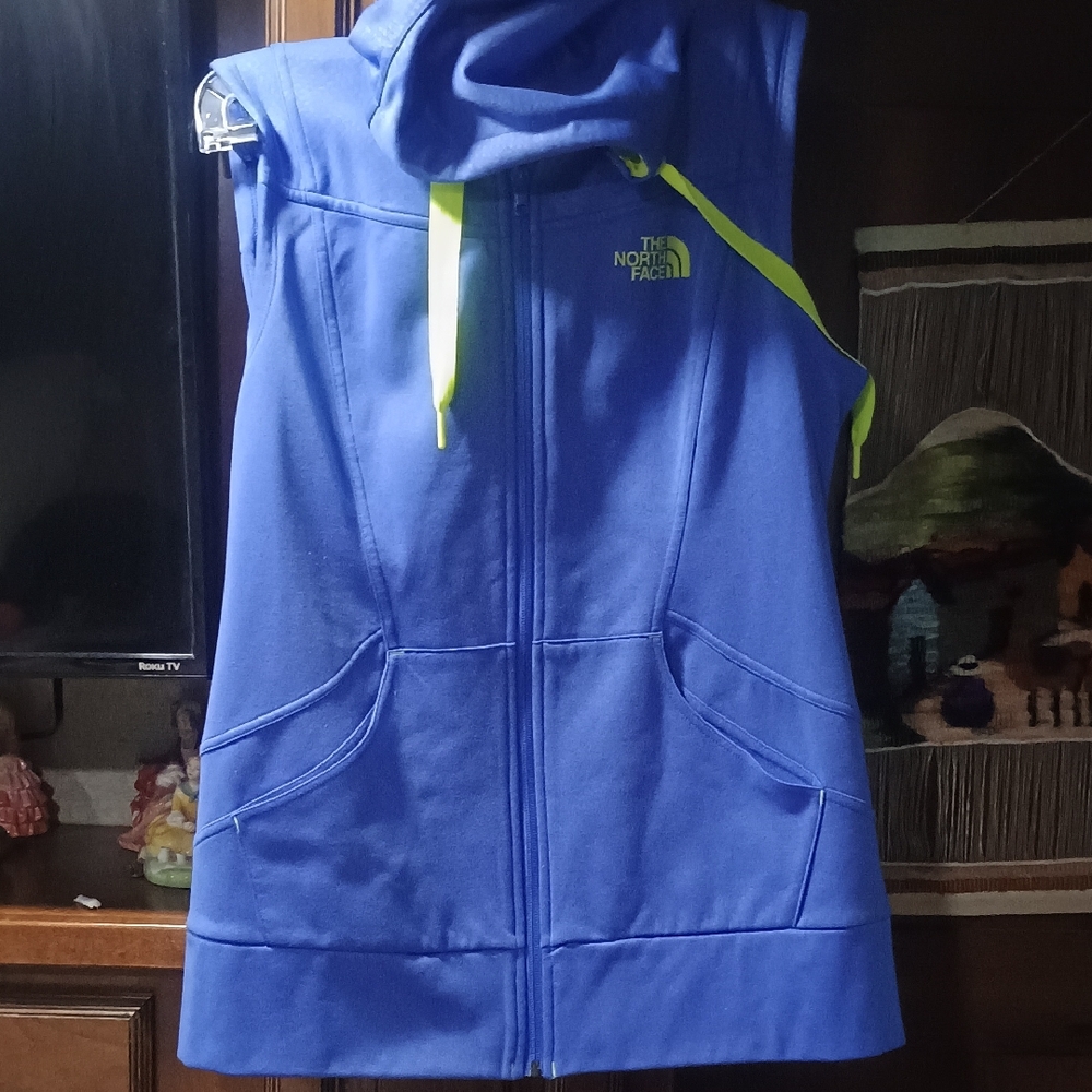 The North Face Blue Hooded Vest with Neon Yellow Trim